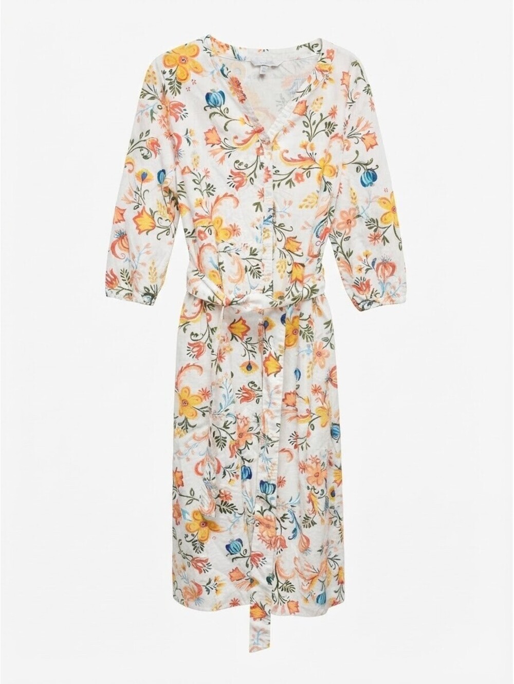 Croft & Barrow White Floral Midi Dress Size XL 3/4 Sleeve Button Front Belted